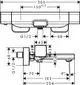Hansgrohe Produktzeichnung eines thermostatischen Regulators mit verschiedenen Dimensionen und Anschlussmaßen für die Wandmontage. Übersichtliche Darstellung der technischen Details.